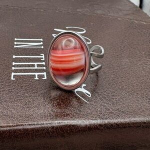 Vintage West German Glass Cabochon Ring Red Stripe Statement Adjustable 60s 70s